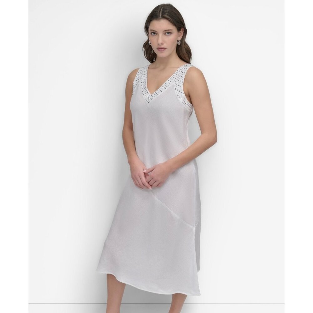 DKNY Women's Linen Sleeveless Studded V-Neck Dress White Size S MSRP $139